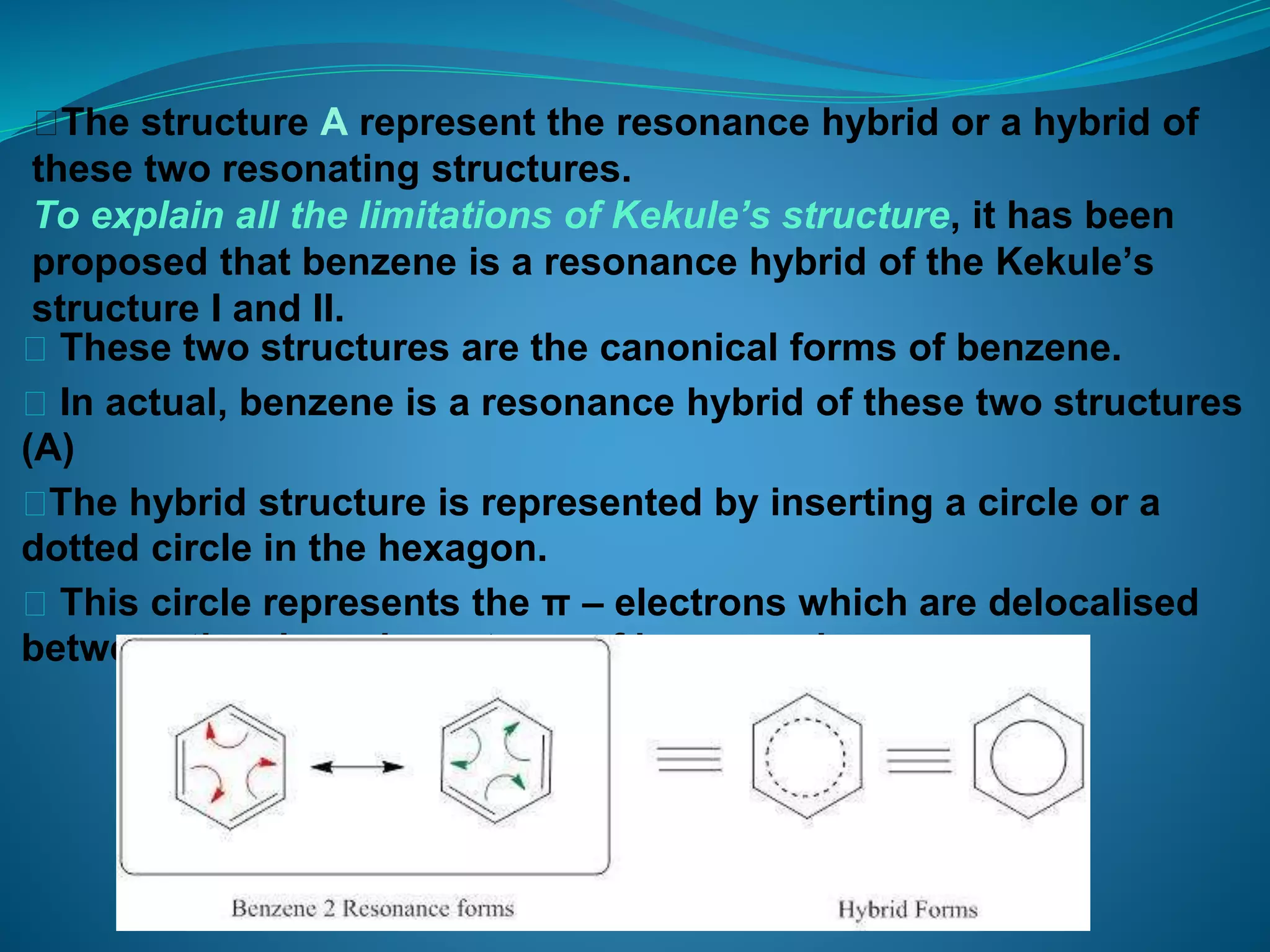 ⮚The structure A represent the resonance hybrid or a hybrid of
these two resonating structures.
To explain all the limitations of Kekule’s structure, it has been
proposed that benzene is a resonance hybrid of the Kekule’s
structure I and II.
⮚ These two structures are the canonical forms of benzene.
⮚ In actual, benzene is a resonance hybrid of these two structures
(A)
⮚The hybrid structure is represented by inserting a circle or a
dotted circle in the hexagon.
⮚ This circle represents the π – electrons which are delocalised
between the six carbon atoms of benzene ring.
 