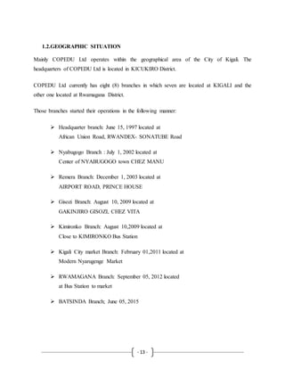- 13 -
1.2.GEOGRAPHIC SITUATION
Mainly COPEDU Ltd operates within the geographical area of the City of Kigali. The
headquarters of COPEDU Ltd is located in KICUKIRO District.
COPEDU Ltd currently has eight (8) branches in which seven are located at KIGALI and the
other one located at Rwamagana District.
Those branches started their operations in the following manner:
 Headquarter branch: June 15, 1997 located at
African Union Road, RWANDEX- SONATUBE Road
 Nyabugogo Branch : July 1, 2002 located at
Center of NYABUGOGO town CHEZ MANU
 Remera Branch: December 1, 2003 located at
AIRPORT ROAD, PRINCE HOUSE
 Gisozi Branch: August 10, 2009 located at
GAKINJIRO GISOZI, CHEZ VITA
 Kimironko Branch: August 10,2009 located at
Close to KIMIRONKO Bus Station
 Kigali City market Branch: February 01,2011 located at
Modern Nyarugenge Market
 RWAMAGANA Branch: September 05, 2012 located
at Bus Station to market
 BATSINDA Branch; June 05, 2015
 