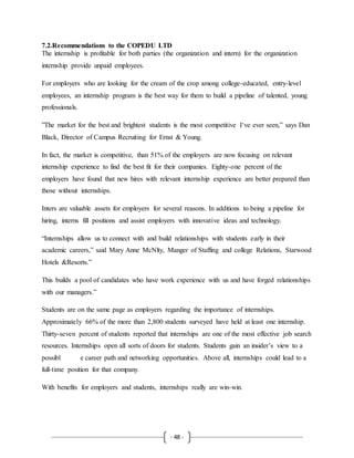 - 48 -
7.2.Recommendations to the COPEDU LTD
The internship is profitable for both parties (the organization and intern) for the organization
internship provide unpaid employees.
For employers who are looking for the cream of the crop among college-educated, entry-level
employees, an internship program is the best way for them to build a pipeline of talented, young
professionals.
”The market for the best and brightest students is the most competitive I‘ve ever seen,” says Dan
Black, Director of Campus Recruiting for Ernst & Young.
In fact, the market is competitive, than 51% of the employers are now focusing on relevant
internship experience to find the best fit for their companies. Eighty-one percent of the
employers have found that new hires with relevant internship experience are better prepared than
those without internships.
Inters are valuable assets for employers for several reasons. In additions to being a pipeline for
hiring, interns fill positions and assist employers with innovative ideas and technology.
“Internships allow us to connect with and build relationships with students early in their
academic careers,” said Mary Anne McNlty, Manger of Staffing and college Relations, Starwood
Hotels &Resorts.”
This builds a pool of candidates who have work experience with us and have forged relationships
with our managers.”
Students are on the same page as employers regarding the importance of internships.
Approximately 66% of the more than 2,800 students surveyed have held at least one internship.
Thirty-seven percent of students reported that internships are one of the most effective job search
resources. Internships open all sorts of doors for students. Students gain an insider’s view to a
possibl e career path and networking opportunities. Above all, internships could lead to a
full-time position for that company.
With benefits for employers and students, internships really are win-win.
 