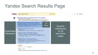 28 
Yandex Search Results Page 
Guaranteed 
Placement 
Dynamic 
impressions 
on 2d 
and further 
pages 
1st 
Place 
 