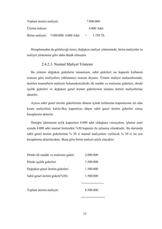 Toplam üretim maliyeti                            7.000.000

Üretim miktarı                                     4.000 Adet

Birim maliyeti     7.000.000/ 4.000 Adet      =       1.750 TL



   Hesaplamadan da görüleceği üzere, değiĢken maliyet yönteminde, birim maliyetler ta
maliyet yöntemine göre daha düĢük olmuĢtur.

             2.4.2.3. Normal Maliyet Yöntemi

   Bu yöntem değiĢken giderlerin tamamının, sabit giderleri ise kapasite kullanım
oranına göre maliyetlere yüklenmesi esasına dayanır. Üretim maliyet muhasebesinde,
üretilen mamullerin maliyeti bulunurken;direkt ilk madde ve malzeme giderleri, direkt
iĢçilik giderleri ve değiĢken genel üretim giderlerinin tamamı üretim maliyetlerine
aktarılır.

   Ayrıca sabit genel üretim giderlerinin dönem içinde kullanılan kapasitesine ait olan
kısmı maliyetlere katılır.BoĢ kapasiteye düĢen sabit genel üretim giderleri sonuç
hesaplarına aktarılır.

   Örneğin iĢletmenin aylık kapasitesi 8.000 adet olduğunu varsayalım, iĢletme mart
ayında 4.000 adet mamul üretmekte %50 kapasite ile çalıĢmıĢ olmaktadır. Bu durumda
sabit genel üretim giderlerinin % 50 si mamul maliyetlere verilecek % 50 si ise son
hesaplarına aktarılacaktır. Buna göre birim maliyet Ģöyle olacaktır:



Direkt ilk madde ve malzeme gideri            2.000.000

Direkt iĢçilik giderleri                      3.500.000

DeğiĢken genel üretim giderleri               1.500.000

Sabit genel üretim gideri(%50)                1.500.000

                                           +-------------------

Toplam üretim maliyeti                        8.500.000

                                           ----------------------




                                            15
 