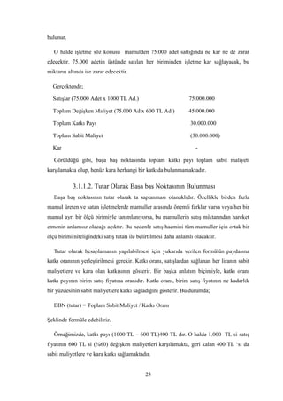 bulunur.

   O halde iĢletme söz konusu mamulden 75.000 adet sattığında ne kar ne de zarar
edecektir. 75.000 adetin üstünde satılan her biriminden iĢletme kar sağlayacak, bu
miktarın altında ise zarar edecektir.

  Gerçektende;

  SatıĢlar (75.000 Adet x 1000 TL Ad.)                            75.000.000

  Toplam DeğiĢken Maliyet (75.000 Ad x 600 TL Ad.)                45.000.000

  Toplam Katkı Payı                                                30.000.000

  Toplam Sabit Maliyet                                             (30.000.000)

  Kar                                                                -

   Görüldüğü gibi, baĢa baĢ noktasında toplam katkı payı toplam sabit maliyeti
karĢılamakta olup, henüz kara herhangi bir katkıda bulunmamaktadır.

            3.1.1.2. Tutar Olarak BaĢa baĢ Noktasının Bulunması
   BaĢa baĢ noktasının tutar olarak ta saptanması olanaklıdır. Özellikle birden fazla
mamul üreten ve satan iĢletmelerde mamuller arasında önemli farklar varsa veya her bir
mamul ayrı bir ölçü birimiyle tanımlanıyorsa, bu mamullerin satıĢ miktarından hareket
etmenin anlamsız olacağı açıktır. Bu nedenle satıĢ hacmini tüm mamuller için ortak bir
ölçü birimi niteliğindeki satıĢ tutarı ile belirtilmesi daha anlamlı olacaktır.

   Tutar olarak hesaplamanın yapılabilmesi için yukarıda verilen formülün paydasına
katkı oranının yerleĢtirilmesi gerekir. Katkı oranı, satıĢlardan sağlanan her liranın sabit
maliyetlere ve kara olan katkısının gösterir. Bir baĢka anlatım biçimiyle, katkı oranı
katkı payının birim satıĢ fiyatına oranıdır. Katkı oranı, birim satıĢ fiyatının ne kadarlık
bir yüzdesinin sabit maliyetlere katkı sağladığını gösterir. Bu durumda;

   BBN (tutar) = Toplam Sabit Maliyet / Katkı Oranı

ġeklinde formüle edebiliriz.

   Örneğimizde, katkı payı (1000 TL – 600 TL)400 TL dır. O halde 1.000 TL si satıĢ
fiyatının 600 TL si (%60) değiĢken maliyetleri karĢılamakta, geri kalan 400 TL „sı da
sabit maliyetlere ve kara katkı sağlamaktadır.


                                              23
 