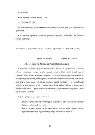 Bu durumda

   BBN (miktar) = 30.000.000 TL / 0.40

   = 75.000.000 TL olur.

   Bu tutarın kontrolü yukarıdaki kesiminde düzenlenmiĢ olan basit gelir tablosunda da
görülebilir.

   Katkı oranını toplamlar üzerinden giderekte saptamak olanaklıdır. Bu durumda
formül Ģöyle olur:




Katkı Oranı = Toplam Net SatıĢlar – Toplam DeğiĢken Gid = Toplam Katkı Payı

                  ------------------------------------------------    ------------------------

                               Toplam Net SatıĢlar                   Toplam Net. SatıĢlar

               3.1.1.3. BaĢa baĢ Noktasının Grafikle Saptanması

   Yukarıdaki kesimlerde yapılan hesaplamalar grafikte de gösterilebilir. Esasında
iĢletme yönetimine verilen raporlar temelde sayılarla ifade edilir. Ancak sayısal
raporlarla desteklenmek koĢuluyla, yöneticilere çeĢitli hacimlerde maliyetin ve karın ne
olacağının gösterilmesi açısından grafikler daha etkili olmaktadır. Grafikte dikey eksen
maliyetleri, yatay eksen ise miktarı gösterir. ÇeĢitli hacimler ve bu hacimlerdeki
maliyet ve satıĢ tutarları grafik üzerinde gösterilerek toplam maliyet ve toplam satıĢ
doğruları elde edilir. Toplam maliyet ve toplam satıĢ doğrularının kesiĢtiği nokta „‟baĢa
baĢ noktasını‟‟ gösterir.

   BaĢabaĢ grafiği iki yaklaĢımla çizilebilir

    -   Birincisi toplam maliyet, toplam gelir doğruları ile sıfır noktasından baĢlayan
        değiĢken maliyet doğrusu çizilir.
    -   Ġkincisi ise yatay eksene paralel sabit maliyet doğrusu çizilir, toplam maliyet
        doğrusu sabit maliyet doğrusunun baĢlangıç noktasından baĢlatılır.




                                                  24
 