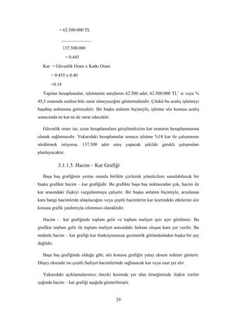 = 62.500.000 TL
             _____________
               137.500.000
                  = 0.445
   Kar = Güvenlik Oranı x Katkı Oranı
       = 0.455 x 0.40
       =0.18
   Yapılan hesaplamalar, iĢletmenin satıĢlarını 62.500 adet, 62.500.000 TL‟ sı veya %
45,5 oranında azaltsa bile zarar etmeyeceğini göstermektedir. Çünkü bu azalıĢ iĢletmeyi
baĢabaĢ noktasına getirecektir. Bir baĢka anlatım biçimiyle, iĢletme söz konusu azalıĢ
sonucunda ne kar ne de zarar edecektir.

   Güvenlik oranı ise, uzun hesaplamalara giriĢilmeksizin kar oranının hesaplanmasına
olanak sağlamasıdır. Yukarıdaki hesaplamalar sonucu iĢletme %18 kar ile çalıĢmasını
sürdürmek istiyorsa, 137.500 adet satıĢ yapacak Ģekilde gerekli çalıĢmaları
planlayacaktır.

            3.1.1.5. Hacim – Kar Grafiği

   BaĢa baĢ grafiğinin yerine onunla birlikte çizilerek yöneticilere sunulabilecek bir
baĢka grafikte hacim – kar grafiğidir. Bu grafikte baĢa baĢ noktasından çok, hacim ile
kar arasındaki iliĢkiyi vurgulanmaya çalıĢılır. Bir baĢka anlatım biçimiyle, arzulanan
kara hangi hacimlerde ulaĢılacağını veya çeĢitli hacimlerin kar üzerindeki etkilerini söz
konusu grafik yardımıyla izlenmesi olanaklıdır.

   Hacim - kar grafiğinde toplam gelir ve toplam maliyet ayrı ayrı görülmez. Bu
grafikte toplam gelir ile toplam maliyet arasındaki farktan oluĢan kara yer verilir. Bu
nedenle hacim – kar grafiği kar fonksiyonunun geometrik görüntüsünden baĢka bir Ģey
değildir.

   BaĢa baĢ grafiğinde olduğu gibi, söz konusu grafiğin yatay ekseni miktarı gösterir.
DüĢey eksende ise çeĢitli faaliyet hacimlerinde sağlanacak kar veya zaar yer alır.

   Yukarıdaki açıklamalarımızı önceki kesimde yer alan örneğimizde iliĢkin veriler
ıĢığında hacim – kar grafiği aĢağıda gösterilmiĢtir.


                                            29
 