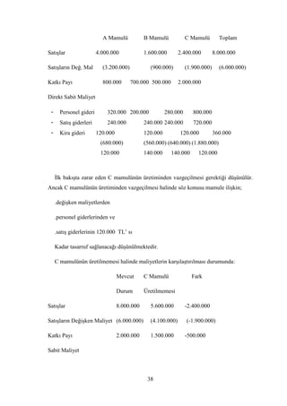 A Mamulü            B Mamulü            C Mamulü        Toplam

SatıĢlar                 4.000.000             1.600.000       2.400.000         8.000.000

SatıĢların Değ. Mal        (3.200.000)           (900.000)         (1.900.000)     (6.000.000)

Katkı Payı                 800.000       700.000 500.000       2.000.000

Direkt Sabit Maliyet

 -     Personel gideri       320.000 200.000             280.000      800.000
 -     SatıĢ giderleri       240.000           240.000 240.000        720.000
 -     Kira gideri       120.000               120.000         120.000           360.000
                          (680.000)            (560.000) (640.000) (1.880.000)
                          120.000              140.000     140.000      120.000



     Ġlk bakıĢta zarar eden C mamulünün üretiminden vazgeçilmesi gerektiği düĢünülür.
Ancak C mamulünün üretiminden vazgeçilmesi halinde söz konusu mamule iliĢkin;

     .değiĢken maliyetlerden

     .personel giderlerinden ve

     .satıĢ giderlerinin 120.000 TL‟ sı

     Kadar tasarruf sağlanacağı düĢünülmektedir.

     C mamulünün üretilmemesi halinde maliyetlerin karĢılaĢtırılması durumunda:

                                   Mevcut      C Mamulü              Fark

                                   Durum       Üretilmemesi

SatıĢlar                           8.000.000     5.600.000         -2.400.000

SatıĢların DeğiĢken Maliyet (6.000.000)          (4.100.000)       (-1.900.000)

Katkı Payı                         2.000.000     1.500.000         -500.000

Sabit Maliyet



                                                38
 