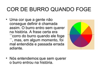 COR DE BURRO QUANDO FOGE
• Uma cor que a gente não
  consegue definir é chamada
  assim. O burro entro sem querer
  na história. A frase certa era
  ´´corro do burro quando ele foge
  ´´, mas, em algum momento, foi
  mal entendida e passada errada
  adiante.

• Nós entendemos:que sem querer
  o burro entrou na história.
 