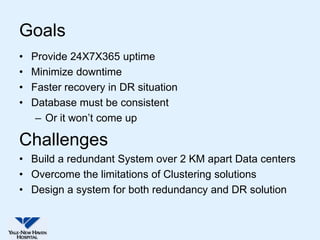 Goals
•   Provide 24X7X365 uptime
•   Minimize downtime
•   Faster recovery in DR situation
•   Database must be consistent
     – Or it won’t come up

Challenges
• Build a redundant System over 2 KM apart Data centers
• Overcome the limitations of Clustering solutions
• Design a system for both redundancy and DR solution
 
