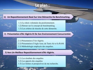 Le plan :
1) Un Repositionnement Basé Sur Une Démarche De Benchmarking.
2) Présentation d’Air Algérie Et De Son Environnement Concurrentiel.
2.1) Présentation d’Air Algérie.
2.2) Présentation d’Aigle Azur, de Tunis Air et la RAM.
2.3) Méthodologie employée des enquêtes.
1.1) Le choix volontaire du positionnement.
1.2) Retour sur le concept de benchmarking.
1.3) Les critères de réussite de cette démarche.
3) Vers Un Meilleur Repositionnement d’Air Algérie.
3.1) Les résultats des enquêtes
3.2) Les apports des enquêtes
3.3) Les limites et perspectives de ma recherche.
 