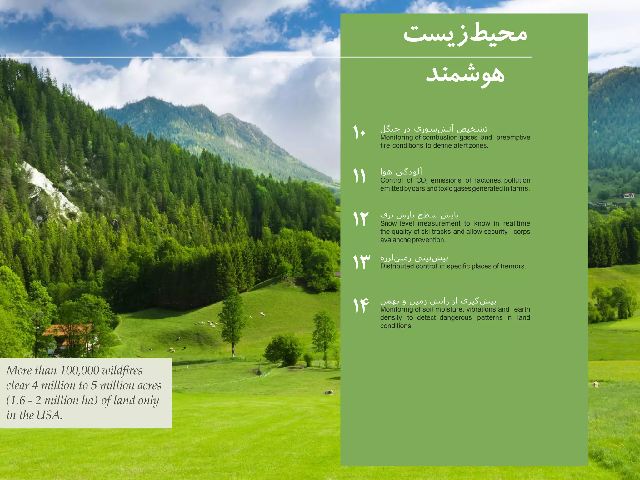 ‫زیست‬‫محیط‬
‫هوشمند‬
۱۰
۱۱
۱۲
۱۳
۱۴
‫جنگل‬ ‫در‬ ‫سوزی‬‫آتش‬ ‫تشخیص‬
Monitoring of combustion gases and preemptive
fire conditions to define alert zones.
‫هوا‬ ‫آلودگی‬
Control of CO2 emissions of factories, pollution
emittedbycars andtoxic gasesgeneratedin farms.
‫برف‬ ‫بارش‬ ‫سطح‬ ‫پایش‬
Snow level measurement to know in real time
the quality of ski tracks and allow security corps
avalanche prevention.
‫لرزه‬‫زمین‬ ‫بینی‬‫پیش‬
Distributed control in specific places of tremors.
More than 100,000 wildfires
clear 4 million to 5 million acres
(1.6 - 2 million ha) of land only
in the USA.
‫بهمن‬ ‫و‬ ‫زمین‬ ‫رانش‬ ‫از‬ ‫گیری‬‫پیش‬
Monitoring of soil moisture, vibrations and earth
density to detect dangerous patterns in land
conditions.
 
