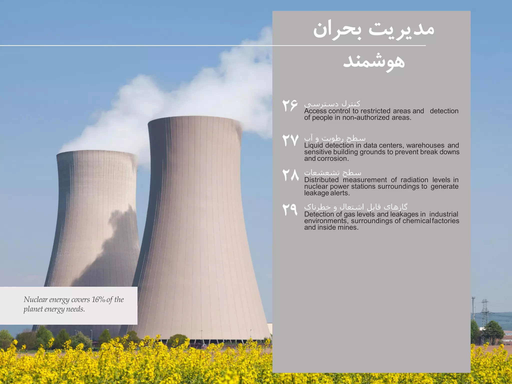 ‫دسترسی‬ ‫کنترل‬
Access control to restricted areas and detection
of people in non-authorized areas.
‫آب‬ ‫و‬ ‫رطوبت‬ ‫سطح‬
Liquid detection in data centers, warehouses and
sensitive building grounds to prevent break downs
and corrosion.
‫تشعشعات‬ ‫سطح‬
Distributed measurement of radiation levels in
nuclear power stations surroundings to generate
leakage alerts.
‫خطرناک‬ ‫و‬ ‫اشتعال‬ ‫قابل‬ ‫گازهای‬
Detection of gas levels and leakages in industrial
environments, surroundings of chemicalfactories
and inside mines.
‫بحران‬ ‫مدیریت‬
‫هوشمند‬
۲۶
۲۷
۲۸
۲۹
Nuclear energy covers 16%of the
planet energyneeds.
 