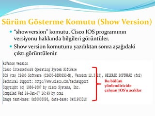 Sürüm Gösterme Komutu (Show Version)
 “showversion” komutu, Cisco IOS programının
versiyonu hakkında bilgileri görüntüler.
 Show version komutunu yazdıktan sonra aşağıdaki
çıktı görüntülenir.
Bu bölüm
yönlendiricide
çalışan IOS’u açıklar
 