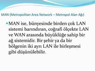 MAN (Metropolitan Area Network – Metropol Alan Ağı)
MAN ise, bünyesinde birden çok LAN
sistemi barındıran, coğrafi ölçekte LAN
ve WAN arasında büyüklüğe sahip bir
ağ sistemidir. Bir şehir ya da bir
bölgenin iki ayrı LAN ile birleşmesi
gibi düşünülebilir.
 