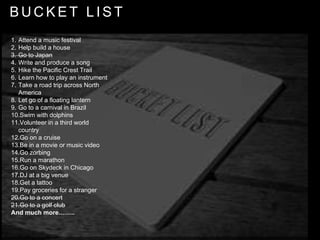 B U C K E T L I S T
1. Attend a music festival
2. Help build a house
3. Go to Japan
4. Write and produce a song
5. Hike the Pacific Crest Trail
6. Learn how to play an instrument
7. Take a road trip across North
America
8. Let go of a floating lantern
9. Go to a carnival in Brazil
10.Swim with dolphins
11.Volunteer in a third world
country
12.Go on a cruise
13.Be in a movie or music video
14.Go zorbing
15.Run a marathon
16.Go on Skydeck in Chicago
17.DJ at a big venue
18.Get a tattoo
19.Pay groceries for a stranger
20.Go to a concert
21.Go to a golf club
And much more……..
 