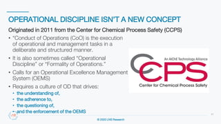 © 2020 LNS Research
OPERATIONAL DISCIPLINE ISN’T A NEW CONCEPT
11
• “Conduct of Operations (CoO) is the execution
of operational and management tasks in a
deliberate and structured manner.
• It is also sometimes called “Operational
Discipline” or “Formality of Operations.”
• Calls for an Operational Excellence Management
System (OEMS)
• Requires a culture of OD that drives:
• the understanding of,
• the adherence to,
• the questioning of,
• and the enforcement of the OEMS
Originated in 2011 from the Center for Chemical Process Safety (CCPS)
 