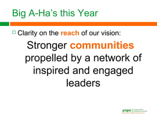Big A-Ha’s this Year
 Clarity on the reach of our vision:
Stronger communities
propelled by a network of
inspired and engaged
leaders
 