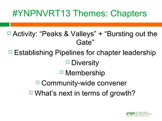 #YNPNVRT13 Themes: Chapters
 Activity: “Peaks & Valleys” + “Bursting out the
Gate”
 Establishing Pipelines for chapter leadership
 Diversity
 Membership
 Community-wide convener
 What’s next in terms of growth?
 