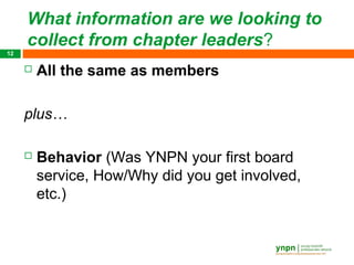 What information are we looking to
     collect from chapter leaders?
12

        All the same as members

     plus…

        Behavior (Was YNPN your first board
         service, How/Why did you get involved,
         etc.)
 