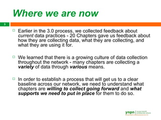 Where we are now
3

       Earlier in the 3.0 process, we collected feedback about
        current data practices - 20 Chapters gave us feedback about
        how they are collecting data, what they are collecting, and
        what they are using it for.

       We learned that there is a growing culture of data collection
        throughout the network - many chapters are collecting a
        variety of data through various means.

       In order to establish a process that will get us to a clear
        baseline across our network, we need to understand what
        chapters are willing to collect going forward and what
        supports we need to put in place for them to do so.
 