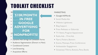 TOOLKIT CHECKLIST
BASIC TOOLS
• Donation Forms
• Registration Pages
• Email Communications
• Social Media
• Website Landing Pages and Promos
STRATEGIC EFFORTS
• Matching Challenge Partner
• Dynamic Ask Strings on Donation Forms
• Audience Segmentation (Donors vs Non)
• Conditional Content
• Live-Streaming
• Acquisition Efforts
MARKETING
• Google AdWords
• Social Media Ads
• Website Lightboxes
• Blog Support
• Press Releases or Editorials
• TV: News, Program Appearances
• Radio Ads – Print Ads
• Flyers, Posters, Banners
• Events, Meetups, Press Conferences
• Ambassador Engagement
• Giveaways:TShirts, Buttons, Pens, Books
$10K/MONTH
IN FREE
GOOGLE
ADVERTISING
FOR
NONPROFITS!
 