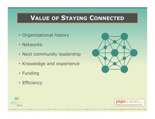 VALUE OF STAYING CONNECTED
• Organizational history
• Networks
• Next community leadership
• Knowledge and experience
• Funding
• Efficiency
 