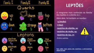 LEPTÕES
O integrante mais conhecido da família
dos leptões é o eletrão (e-).
Além dele, há também os mesões:
-μ (muão);
-τ (tau);
-neutrino do eletrão, νe;
-neutrino do muão, νμ;
-neutrino do tau, ντ;
-Entre outros.
Para saber mais acerca dos neutrinos e anti-neutrinos
clique no sinal
 