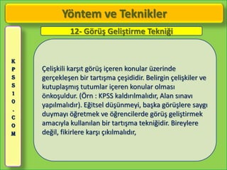 Yöntem ve Teknikler
             12- Görüş Geliştirme Tekniği


K
P   Çelişkili karşıt görüş içeren konular üzerinde
S   gerçekleşen bir tartışma çeşididir. Belirgin çelişkiler ve
S   kutuplaşmış tutumlar içeren konular olması
1
    önkoşuldur. (Örn : KPSS kaldırılmalıdır, Alan sınavı
0
    yapılmalıdır). Eğitsel düşünmeyi, başka görüşlere saygı
.
C
    duymayı öğretmek ve öğrencilerde görüş geliştirmek
O   amacıyla kullanılan bir tartışma tekniğidir. Bireylere
M   değil, fikirlere karşı çıkılmalıdır,
 