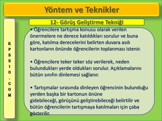 Yöntem ve Teknikler
             12- Görüş Geliştirme Tekniği
    • Öğrencilere tartışma konusu olarak verilen
    önermelere ne derece katıldıkları sorulur ve buna
K   göre, katılma derecelerini belirten duvara asılı
P   kartonların önünde öğrencilerin toplanması istenir.
S
S   • Öğrencilere teker teker söz verilerek, neden
1
    bulundukları yerde oldukları sorulur. Açıklamalarını
0
    bütün sınıfın dinlemesi sağlanır.
.
C
O   • Tartışmalar sırasında dinleyen öğrencinin bulunduğu
M   yerden başka bir kartonun önüne
    gidebileceği, görüşünü geliştirebileceği belirtilir ve
    bütün öğrencilerin tartışmaya katılmaları için çaba
    gösterilir.
 