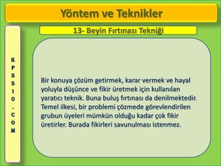 Yöntem ve Teknikler
               13- Beyin Fırtınası Tekniği


K
P
S
S   Bir konuya çözüm getirmek, karar vermek ve hayal
1   yoluyla düşünce ve fikir üretmek için kullanılan
0   yaratıcı teknik. Buna buluş fırtınası da denilmektedir.
.   Temel ilkesi, bir problemi çözmede görevlendirilen
C   grubun üyeleri mümkün olduğu kadar çok fikir
O   üretirler. Burada fikirleri savunulması istenmez.
M
 