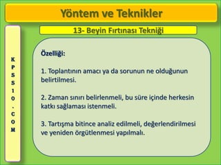 Yöntem ve Teknikler
                13- Beyin Fırtınası Tekniği

    Özelliği:
K
P
S
    1. Toplantının amacı ya da sorunun ne olduğunun
S   belirtilmesi.
1
0   2. Zaman sınırı belirlenmeli, bu süre içinde herkesin
.   katkı sağlaması istenmeli.
C
O   3. Tartışma bitince analiz edilmeli, değerlendirilmesi
M
    ve yeniden örgütlenmesi yapılmalı.
 