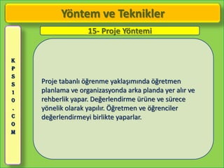 Yöntem ve Teknikler
                   15- Proje Yöntemi


K
P
S
S   Proje tabanlı öğrenme yaklaşımında öğretmen
1   planlama ve organizasyonda arka planda yer alır ve
0   rehberlik yapar. Değerlendirme ürüne ve sürece
.   yönelik olarak yapılır. Öğretmen ve öğrenciler
C   değerlendirmeyi birlikte yaparlar.
O
M
 