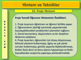 Yöntem ve Teknikler
                   15- Proje Yöntemi

    Proje Temelli Öğrenme Yönteminin Özellikleri:
K
P   1. Proje tasarısını öğretmen ve öğrenci birlikte yapar.
S   2. Öğrenenlerin işbirliği içerisinde yaşamlarında
S   karşılaşabilecekleri problemleri çözmeleri sağlanır.
1
    3. Genel kavramlara, düşüncelere ve bir disiplinin
0
    ilkelerine odaklanır.
.
C
    4. Proje tasarıları; öğrencileri üst düzey düşünmeye,
O   bilimsel yöntemi kullanmaya, ilginç ve çok yönlü
M   soruları kullanmaya, günlük yaşamla ilişkilendirmeye,
    birden fazla dersi ve konu alanını kapsamaya ve farklı
    kaynaklardan araştırma yapmaya yönlendirmelidir.
 