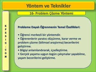 Yöntem ve Teknikler
            16- Problem Çözme Yöntemi


K
    Probleme Dayalı Öğrenmenin Temel Özellikleri:
P
S
S   • Öğrenci merkezli bir yöntemdir.
1   • Öğrenenlerin yaratıcı düşünme, karar verme ve
0   problem çözme (bilimsel araştırma) becerilerini
.   geliştirme.
C   • Bilgiyi anlamlandırarak, içselleştirme.
O   • Gerçek yaşama uygun özgün çalışmalar yapabilme,
M
    yaşam becerilerini geliştirme.
 
