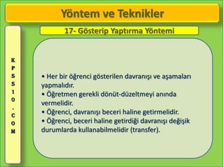 Yöntem ve Teknikler
            17- Gösterip Yaptırma Yöntemi


K
P
S   • Her bir öğrenci gösterilen davranışı ve aşamaları
S   yapmalıdır.
1
    • Öğretmen gerekli dönüt-düzeltmeyi anında
0
    vermelidir.
.
C
    • Öğrenci, davranışı beceri haline getirmelidir.
O   • Öğrenci, beceri haline getirdiği davranışı değişik
M   durumlarda kullanabilmelidir (transfer).
 