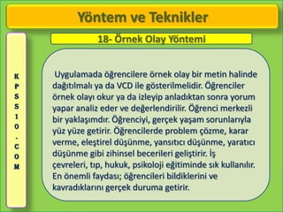 Yöntem ve Teknikler
                18- Örnek Olay Yöntemi


K    Uygulamada öğrencilere örnek olay bir metin halinde
P   dağıtılmalı ya da VCD ile gösterilmelidir. Öğrenciler
S   örnek olayı okur ya da izleyip anladıktan sonra yorum
S   yapar analiz eder ve değerlendirilir. Öğrenci merkezli
1
    bir yaklaşımdır. Öğrenciyi, gerçek yaşam sorunlarıyla
0
    yüz yüze getirir. Öğrencilerde problem çözme, karar
.
C
    verme, eleştirel düşünme, yansıtıcı düşünme, yaratıcı
O   düşünme gibi zihinsel becerileri geliştirir. İş
M   çevreleri, tıp, hukuk, psikoloji eğitiminde sık kullanılır.
    En önemli faydası; öğrencileri bildiklerini ve
    kavradıklarını gerçek duruma getirir.
 
