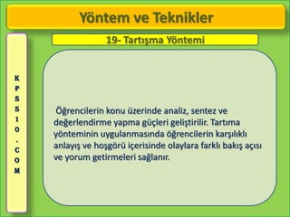 Yöntem ve Teknikler
                  19- Tartışma Yöntemi


K
P
S
S    Öğrencilerin konu üzerinde analiz, sentez ve
1
    değerlendirme yapma güçleri geliştirilir. Tartıma
0
    yönteminin uygulanmasında öğrencilerin karşılıklı
.
C
    anlayış ve hoşgörü içerisinde olaylara farklı bakış açısı
O   ve yorum getirmeleri sağlanır.
M
 
