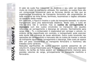 SOUZA,SandroE.
O valor do custo fixo independe da distância e seu valor vai depender
muito do modal de transporte utilizado. Por exemplo, os custos fixos são
um componente substancial para as ferrovias devido ao fato que as
organizações provedoras de transporte ferroviário são proprietárias de
toda estrutura da linha férrea, terminais, locomotivas e vagões utilizados
na operação deste modal.
Em contraste, a Figura b mostra o custo de transporte baseado no volume
transportado para uma determinada distância. Neste caso, o custo de
mão-de-obra não é variável, mas os custos de carregamento e
manuseio (um dos custos envolvidos no transporte são aqueles
referentes ao carregamento e descarga de veículos. Normalmente para
carga total – TL, o embarcador é responsável por carregar o veículo, no
entanto se for especificado em contrato, o transportador pode executar
SOUZA,SandroE.
entanto se for especificado em contrato, o transportador pode executar
esta tarefa sob cobrança de taxas adicionais. Outro custo envolvido nas
operações de carregamento e manuseio são os custos de manter o veículo
de transporte aguardando carregamento e descarga. Este custo de espera
têm um peso considerável no transporte ferroviário e marítimo) são
tratados como variáveis.
Reduções significantes de custos ocorrem quando passamos de um
volume LTL (carga fracionada) para TL (carga total) e deste para múltiplos
trailers. As tarifas de fretes podem ser substancialmente menores para
grandes volumes de carga, principalmente no transporte marítimo e
ferroviário.
 