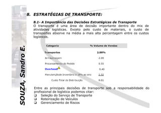 SOUZA,SandroE.
8. ESTRATÉGIAS DE TRANSPORTE:
8.1- A Importância das Decisões Estratégicas de Transporte
O transporte é uma área de decisão importante dentro do mix de
atividades logísticas. Exceto pelo custo de materiais, o custo de
transportes absorve na média a mais alta percentagem entre os custos
logísticos.
SOUZA,SandroE.
Entre as principais decisões de transporte sob a responsabilidade do
profissional de logística podemos citar:
Seleção do Serviço de Transporte
Roteirização de Veículos
Gerenciamento de Riscos
 