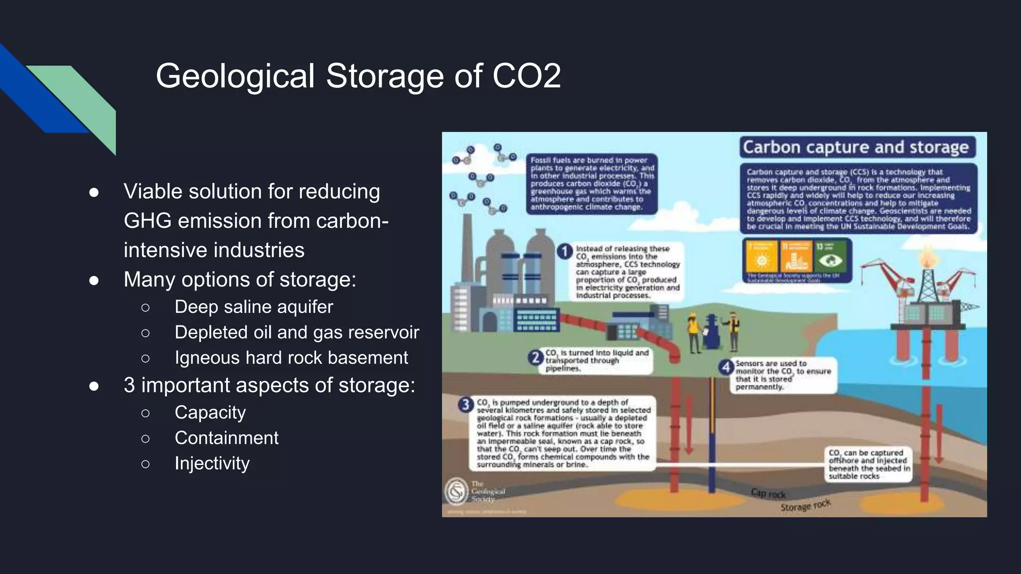 Geological Storage of CO2
● Viable solution for reducing
GHG emission from carbon-
intensive industries
● Many options of storage:
○ Deep saline aquifer
○ Depleted oil and gas reservoir
○ Igneous hard rock basement
● 3 important aspects of storage:
○ Capacity
○ Containment
○ Injectivity
 