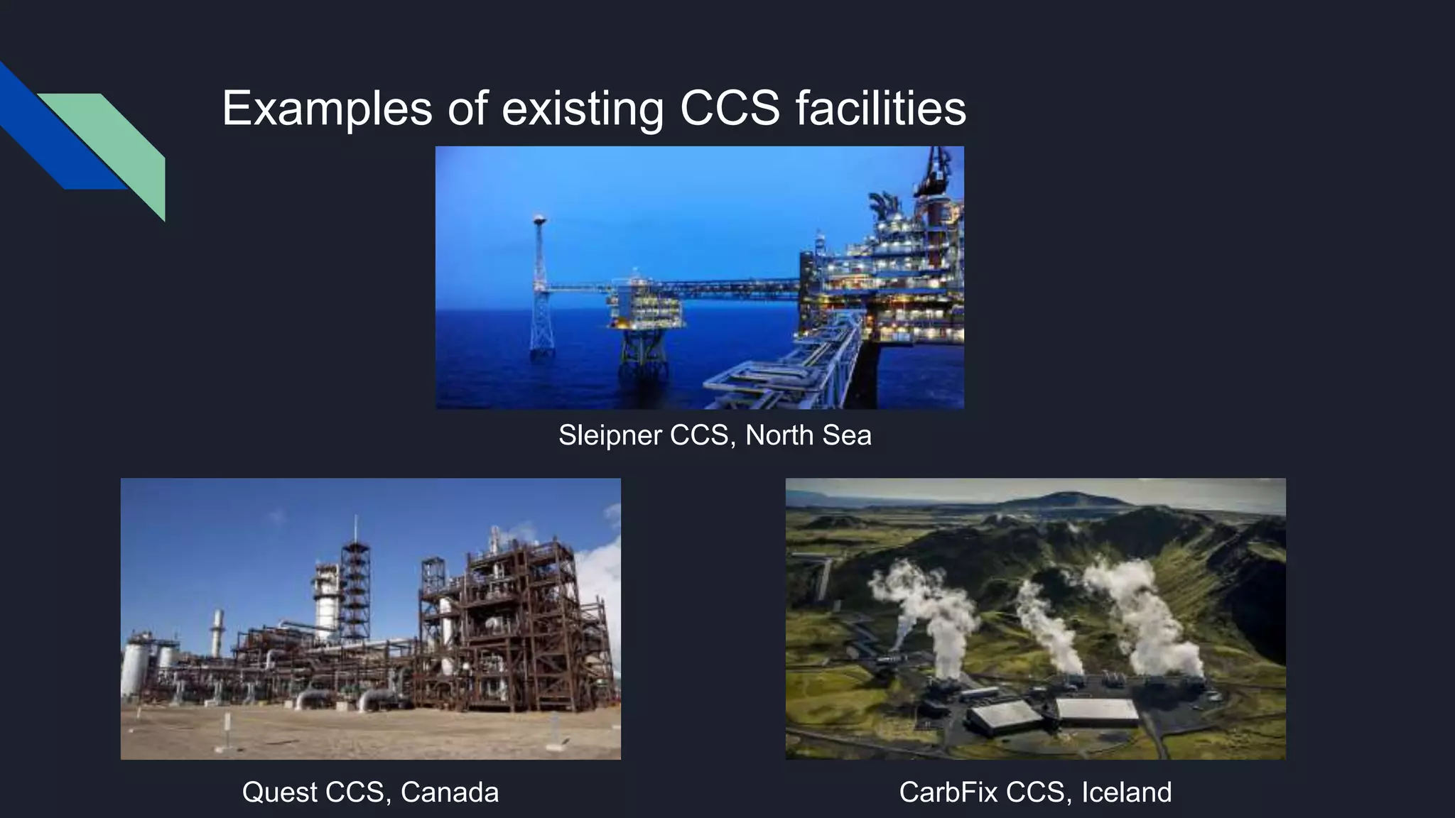 Examples of existing CCS facilities
Sleipner CCS, North Sea
Quest CCS, Canada CarbFix CCS, Iceland
 