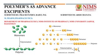 POLYMER’S AS ADVANCE
EXCIPIENTS
SUBMITTED BY: PRACHI PANDEY, RAHUL PAL SUBMITTED TO: ARSH CHANANA
M. PHARM (PHARMACEUTICS)
DEPARTMENT OF PHARMACEUTICS, NIMS INSTITUTE OF PHARMACY, NIMS UNIVERSITY JAIPUR,
RAJASTHAN
 