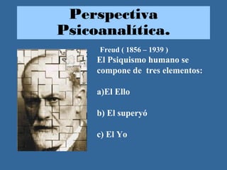 Perspectiva
Psicoanalítica.
Freud ( 1856 – 1939 )
El Psiquismo humano se
compone de tres elementos:
a)El Ello
b) El superyó
c) El Yo
 