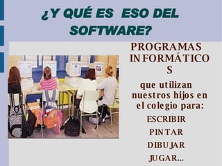 ¿Y QUÉ ES  ESO DEL SOFTWARE? PROGRAMAS INFORMÁTICOS que utilizan nuestros hijos en el colegio para: ESCRIBIR PINTAR DIBUJAR JUGAR... ¡APRENDER! 
