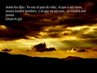 Jesús les dijo:  Yo soy el pan de vida;  el que a mí viene,  nunca tendrá hambre;  y el que en mí cree,  no tendrá sed jamás.  (Juan 6:35) 