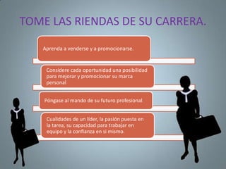 TOME LAS RIENDAS DE SU CARRERA.

   Aprenda a venderse y a promocionarse.


    Considere cada oportunidad una posibilidad
    para mejorar y promocionar su marca
    personal.


    Póngase al mando de su futuro profesional.


    Cualidades de un líder, la pasión puesta en
    la tarea, su capacidad para trabajar en
    equipo y la confianza en si mismo.
 