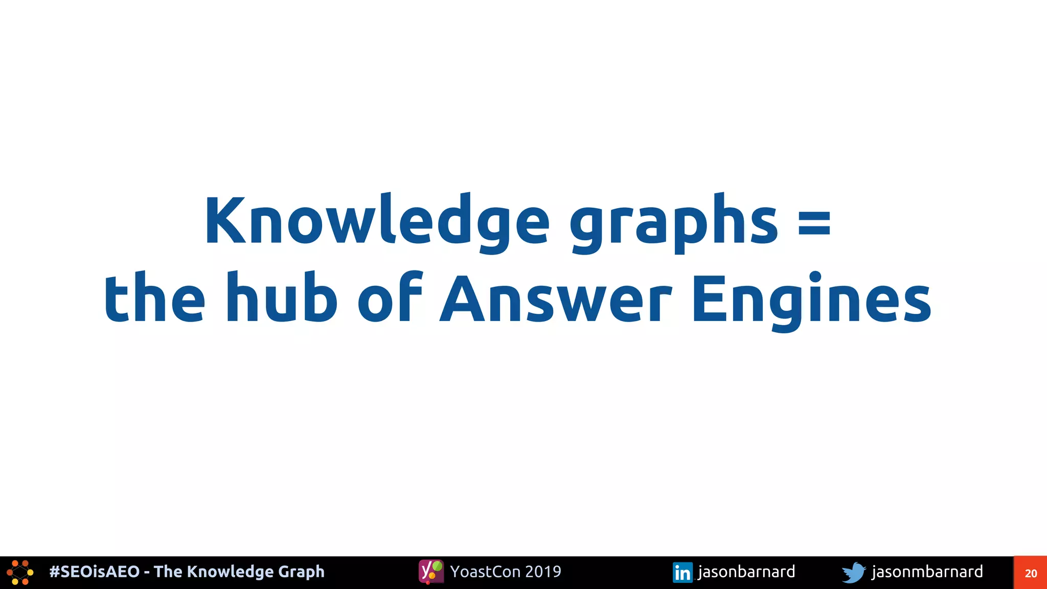 20#SEOisAEO - The Knowledge Graph jasonmbarnardYoastCon 2019 jasonbarnard
Knowledge graphs =
the hub of Answer Engines
 