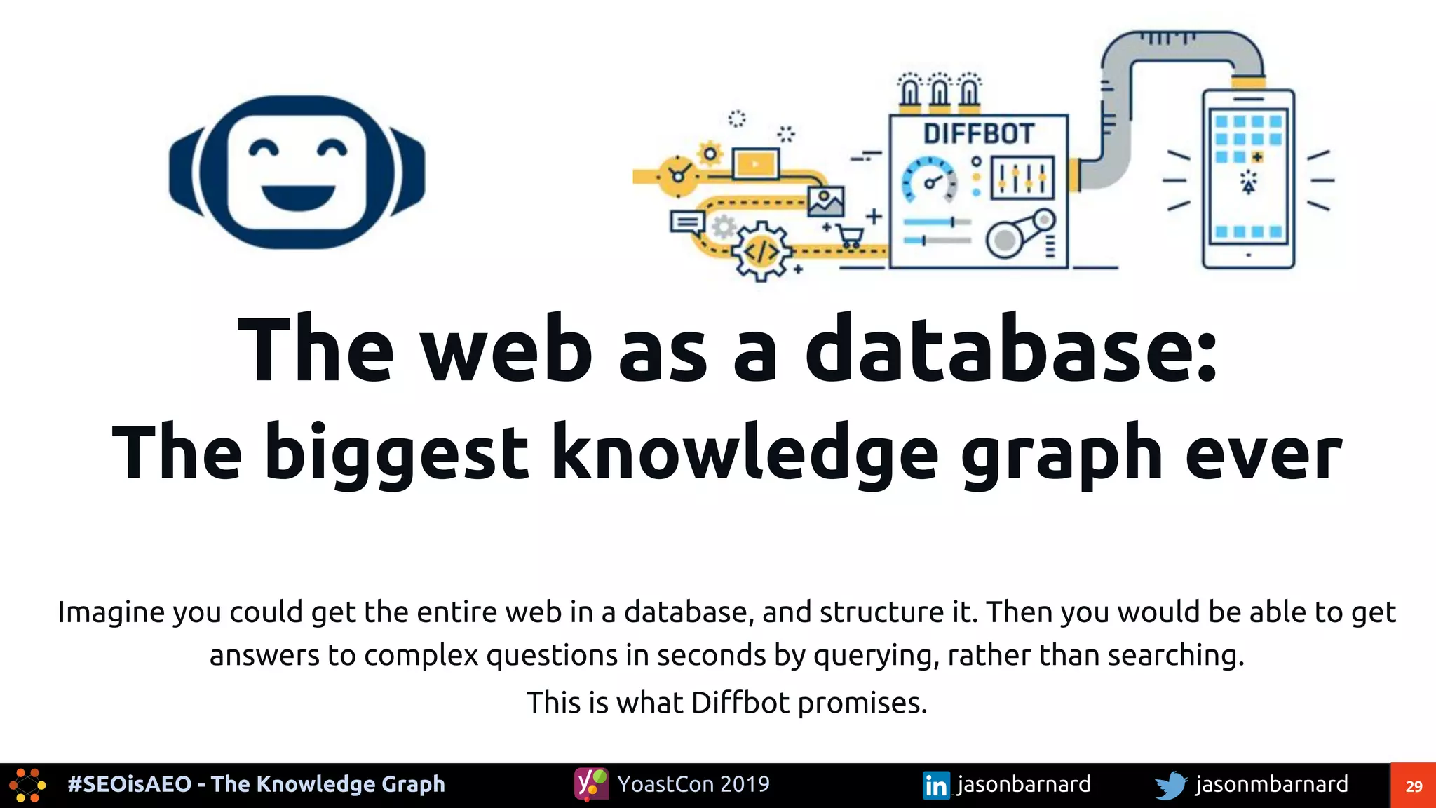 29#SEOisAEO - The Knowledge Graph jasonmbarnardYoastCon 2019 jasonbarnard
The web as a database:
The biggest knowledge graph ever
Imagine you could get the entire web in a database, and structure it. Then you would be able to get
answers to complex questions in seconds by querying, rather than searching.
This is what Diffbot promises.
 