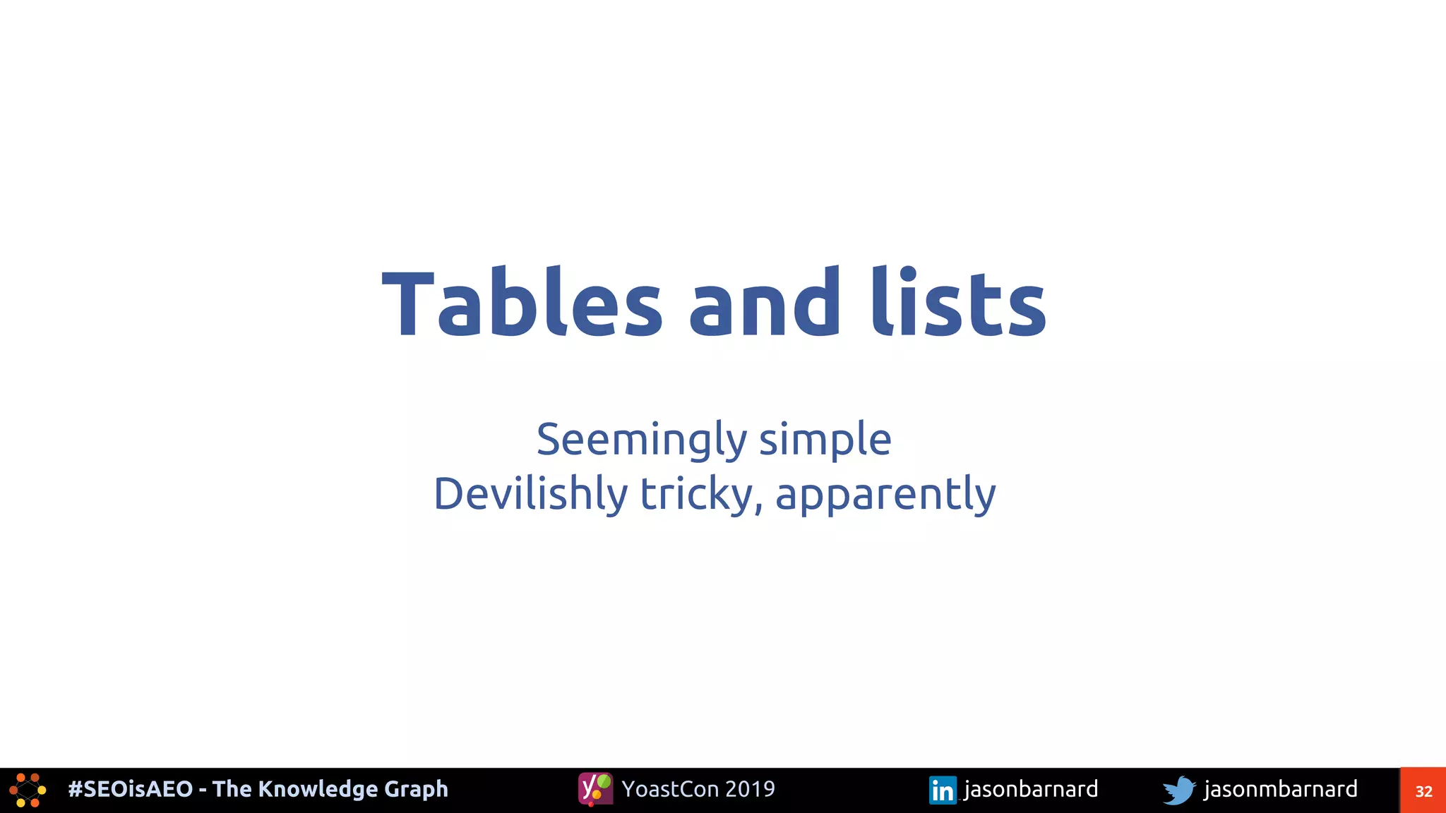 32#SEOisAEO - The Knowledge Graph jasonmbarnardYoastCon 2019 jasonbarnard
Tables and lists
Seemingly simple
Devilishly tricky, apparently
 