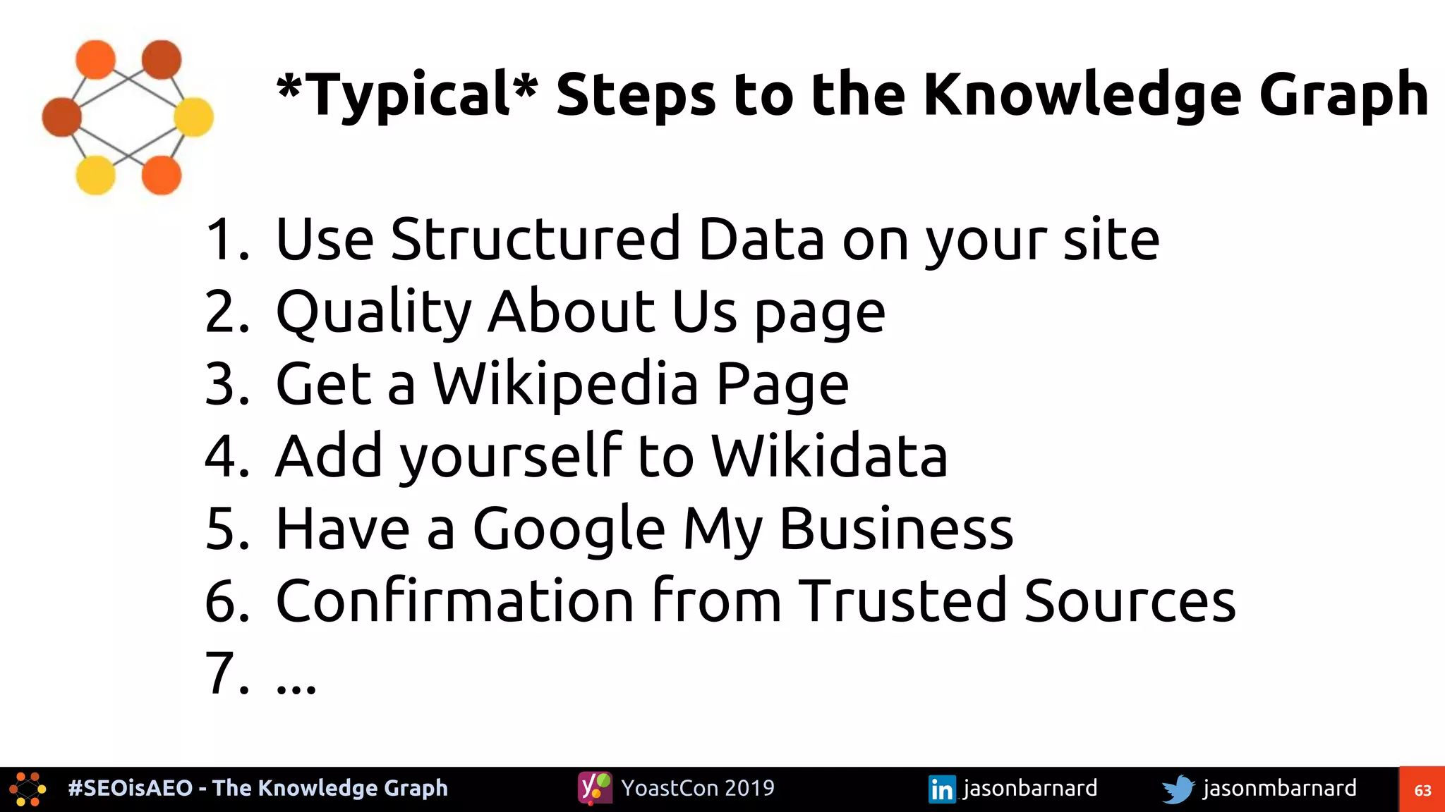 63#SEOisAEO - The Knowledge Graph jasonmbarnardYoastCon 2019 jasonbarnard
*Typical* Steps to the Knowledge Graph
1. Use Structured Data on your site
2. Quality About Us page
3. Get a Wikipedia Page
4. Add yourself to Wikidata
5. Have a Google My Business
6. Confirmation from Trusted Sources
7. ...
 