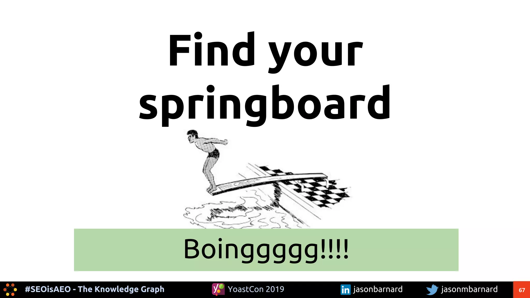 67#SEOisAEO - The Knowledge Graph jasonmbarnardYoastCon 2019 jasonbarnard
Find your
springboard
Boinggggg!!!!
 