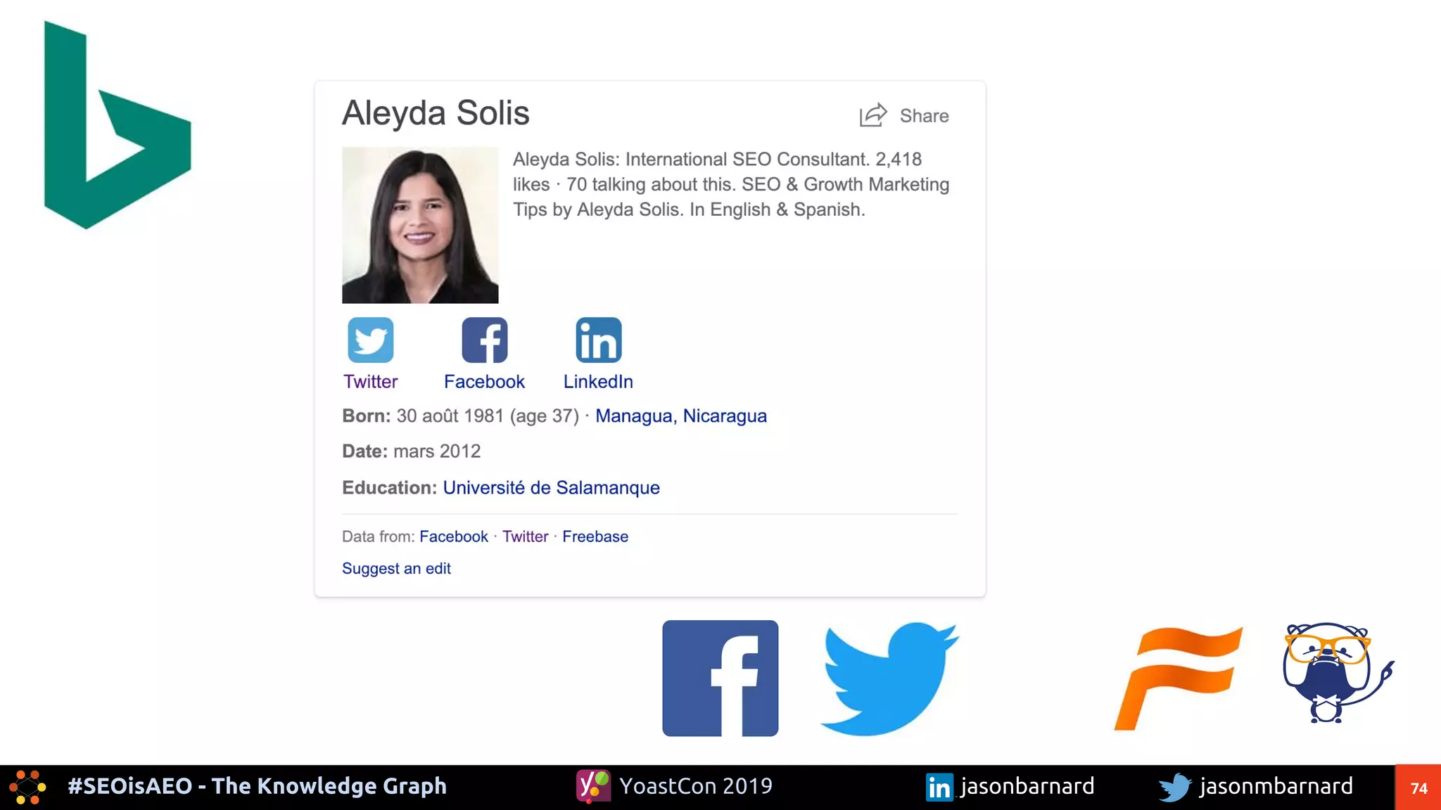 74#SEOisAEO - The Knowledge Graph jasonmbarnardYoastCon 2019 jasonbarnard
 